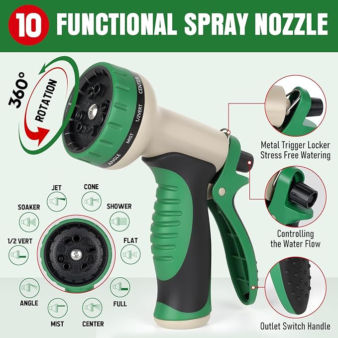 Garden Hose 25ft with 10 Function Nozzle, NON-EXPANDABLE Flexible Water Hose, Kink Resistant Lightweight Hybrid Hose, Leakproof Hose Male to Female Fittings
