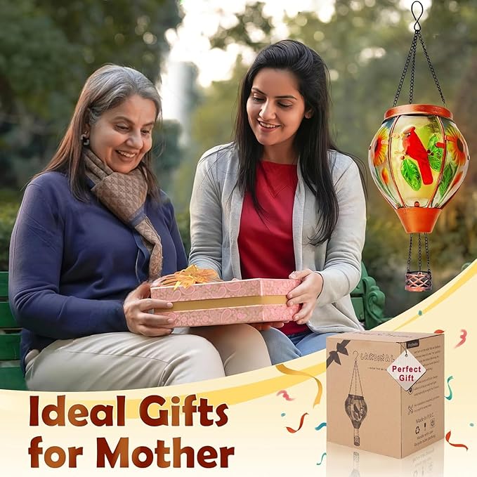 Solar Hot Air Balloon Lantern with Flame, Cardinal Glass Solar Hanging Lights Outdoor Yard Patio Farmhouse Decoration, Cardinal Gifts for Women Grandma Mom(2 Pack)