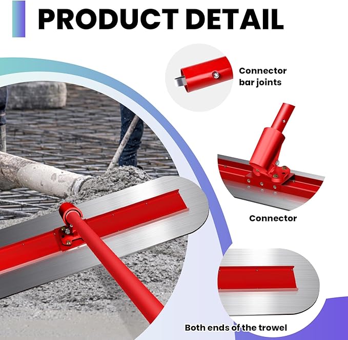 48"x 12"Fresno Concrete Trowel, Concrete Bull Float Finishing Tools Round End Stainless Steel Trowel Board with Extension Rod Concrete Finishing Tools Kit