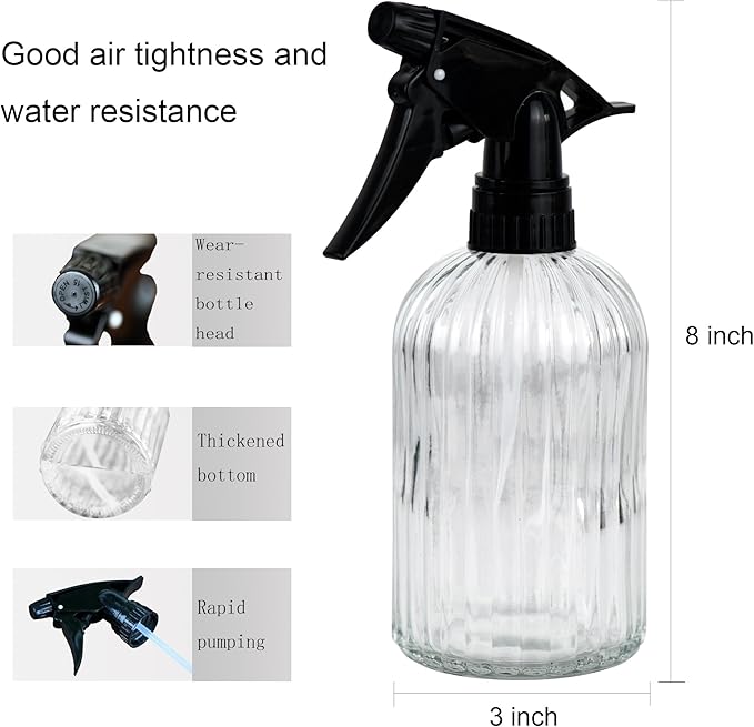 Handheld Glass Spray Bottle - 16 oz with Adjustable Nozzle for Watering Indoor and Outdoor Potted Plants and Greenery and More, 2.8 x 8.2in (clear)
