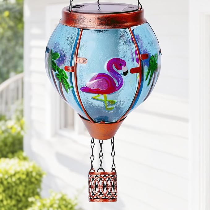 Flamingo Solar Hot Air Balloon Lantern, Outdoor Decor with Flame Lights Waterproof, Hanging Lights for Garden Yard Lawn Patio, Unique Gifts for Women Mom Grandma Gardener for Mother'Day