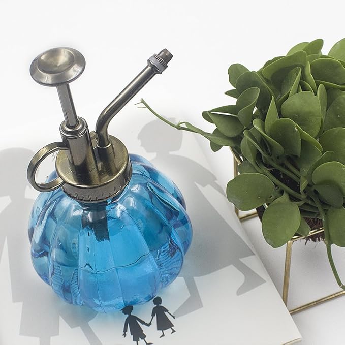 Plant Mister, 6.5" Tall Vintage Style Decorative Glass Water Spray Bottle with Top Pump Small Watering Can (Blue)