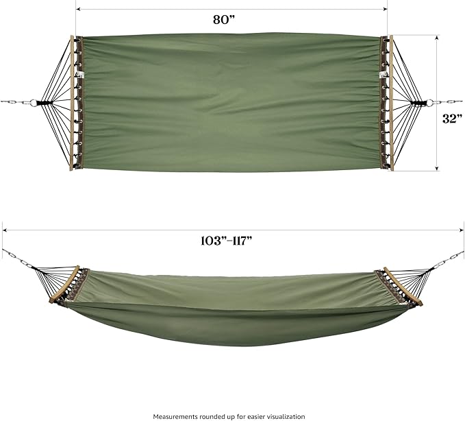 Tranquillo Double Hammock 2 Persons Cotton Canvas 600 lbs Portable Camping Hammock with Solid Curved Wood Spreader Bar Hammock for Camping Travel Indoor Patio Garden, Sage