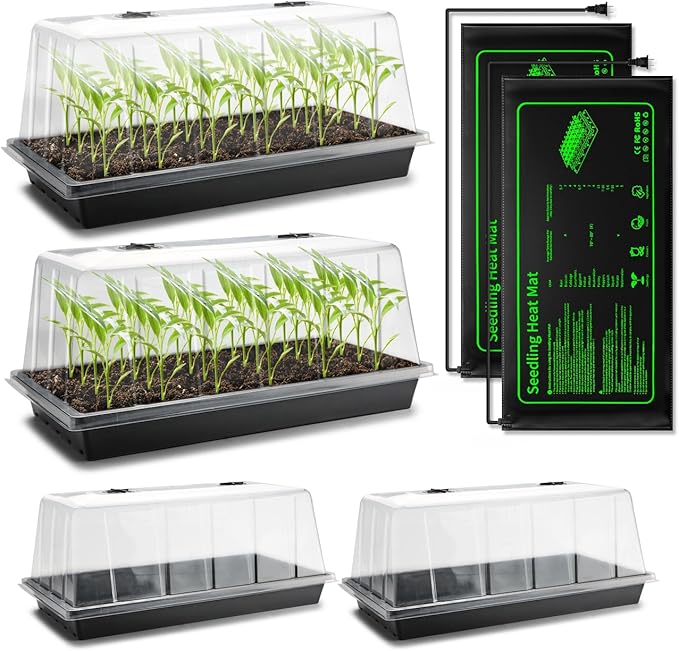 4-Pack 1020 Seed Starter Trays with 7.3'' Humidity Domes & 2-Pack Heat Mats – Heavy-Duty Seedling Trays with Adjustable Domes & Waterproof Heating Mats for Optimal Germination & Cloning Propagation