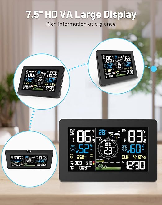 WiFi Weather Station Wireless Indoor Outdoor, Thermometer with Rain Gauge and Wind Speed/Direction, Large Display for Weather Forecast, Temperature, Humidity, Clock, Alarm, UV, Air Pressure