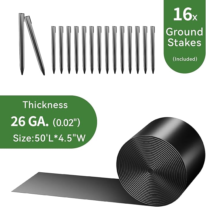 Worth Galvanized Steel Landscape Edging 4.5" x50' Metal Garden Edging Roll Flexible Bender Border with 16Pcs Stakes for Lawn, Flower Bed Edges, Black
