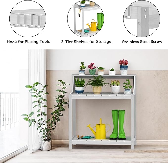 Potting Bench Table, Solid Wood Potting Bench with Storage & Hooks - Durable All-Weather Garden Workstation for Patio, Deck & Yard - 360 lbs Capacity, Rust & Fade Resistant