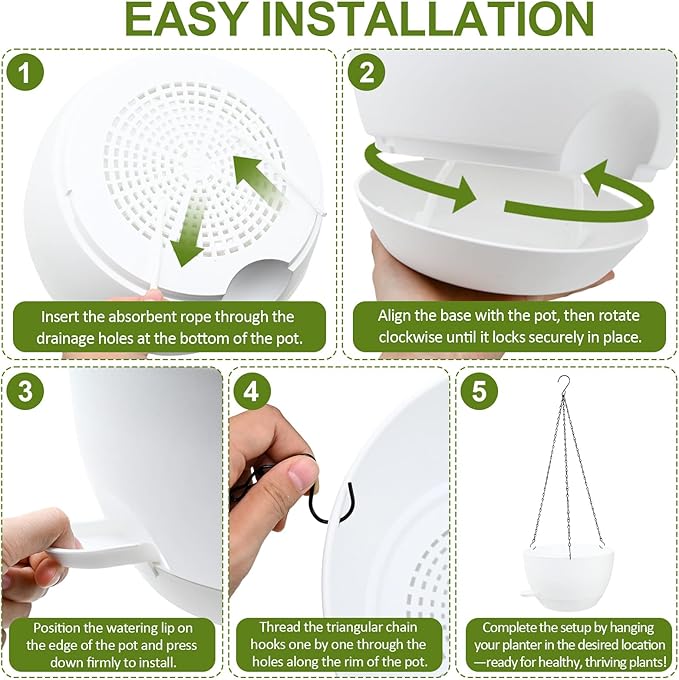 WOUSIWER Self Watering Hanging Planters, 2 Pack 12'' Plastic Pots with Drainage Holes & Reservoir Tray (White) | Indoor & Outdoor Use for Ferns, Ivy, Herbs, Succulents