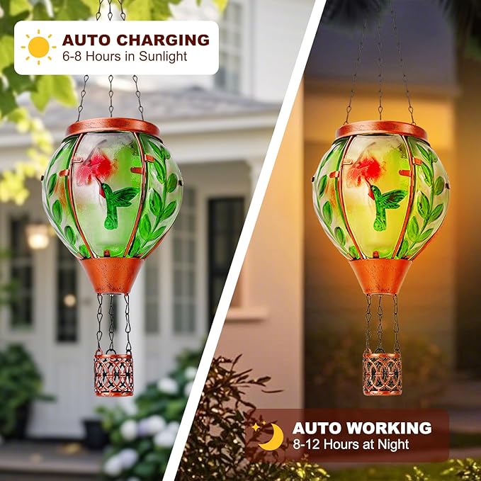 Hummingbird Solar Hot Air Balloon Lantern,Outdoor Decor with Flame Lights Waterproof, Hanging Lights for Garden Yard Lawn Patio, Unique Gifts for Women Mom Grandma Gardener for Mother'Day