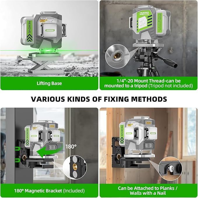 Huepar Pro Laser Level, 3x360° Self Leveling Green Tiling Level Laser Tool, 3D Cross Line Laser Level Tool, High Accuracy Floor Laser with 8000mAh Li-ion Battery, Remote Control & Hard Carry Case