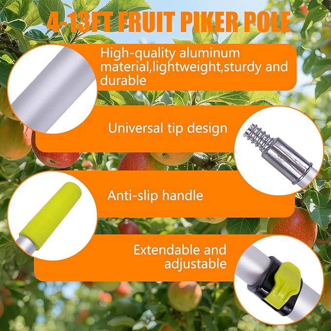 13FT Telescopic Fruit Picker with Wire Basket and Bag Basket,Adjustable Fruit Picker Pole with Basket Telescoping,4-13FT Fruit Picker Pole,Suitable for Picking Apples,Mangoes,Plums and Others