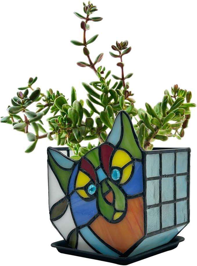 Tiffany Style Cute Cat Flower Pot with Drainage, Unique Stained Glass Indoor Plant Planter, Tiltable Cat Decor, Plant Lover Gifts for Women 4.6x3x5.15 in