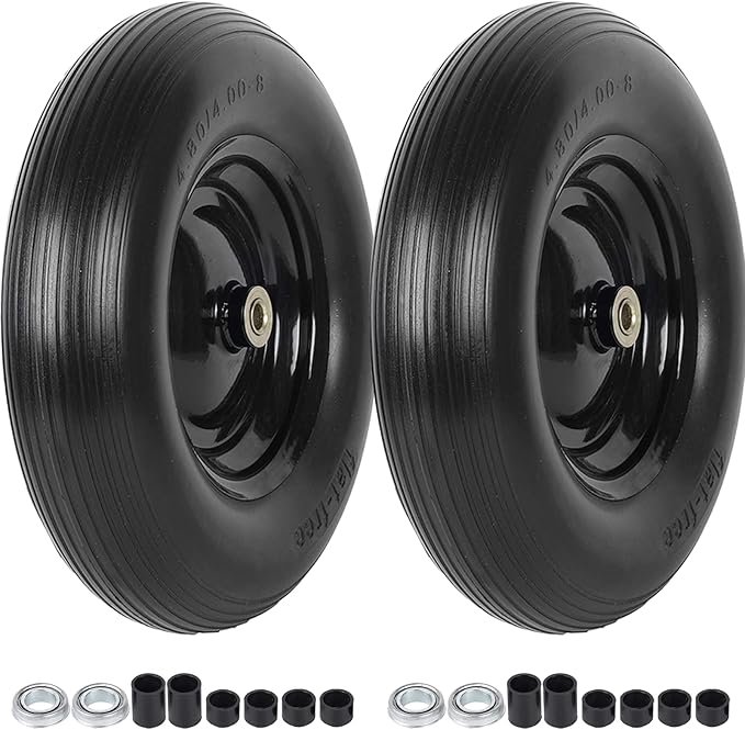 (2-PACK) 4.80/4.00-8" Tire and Wheel - Universal Fit 16" Flat Free Solid Wheelbarrow Tires with 3" Hub and 5/8" Bearings – Extra Adapter kit includes 3/4" Ball Bearings, 1" and 1/2" Nylon Spacers