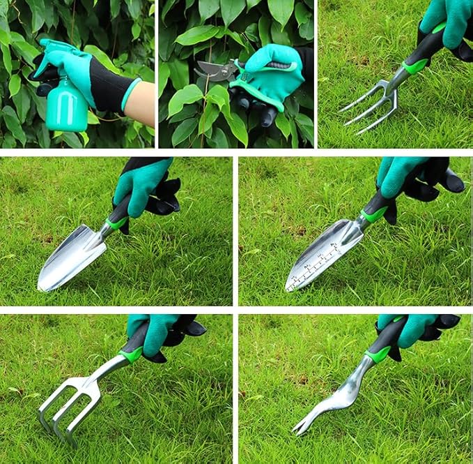 7-Piece Gardening Tools Set for Women, Heavy Duty Gardening Hand Tools, Outdoor Gardening Hand Tools with Non-Slip Green Rubber Handle. Indoor mini Gardening Potting Set (7) (Off-White)