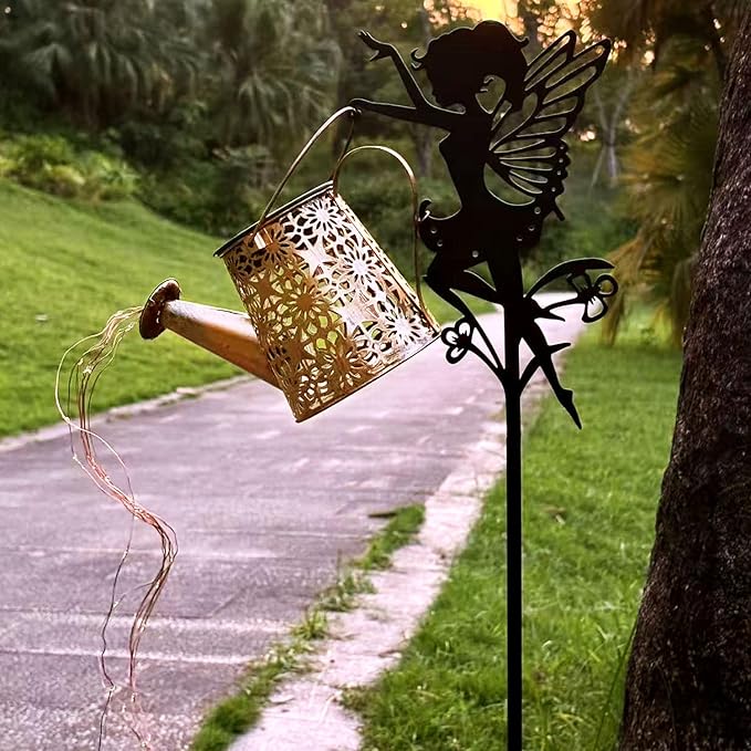 2Pack Solar Watering Can Lights,Waterproof Hollowed-Out Retro Metal Outdoor Lights with Fairy or Gnomes Accessories,Gifts for Mom Grandma Women Garden Patio Pathway Christmas Decor(Angel 1 style)