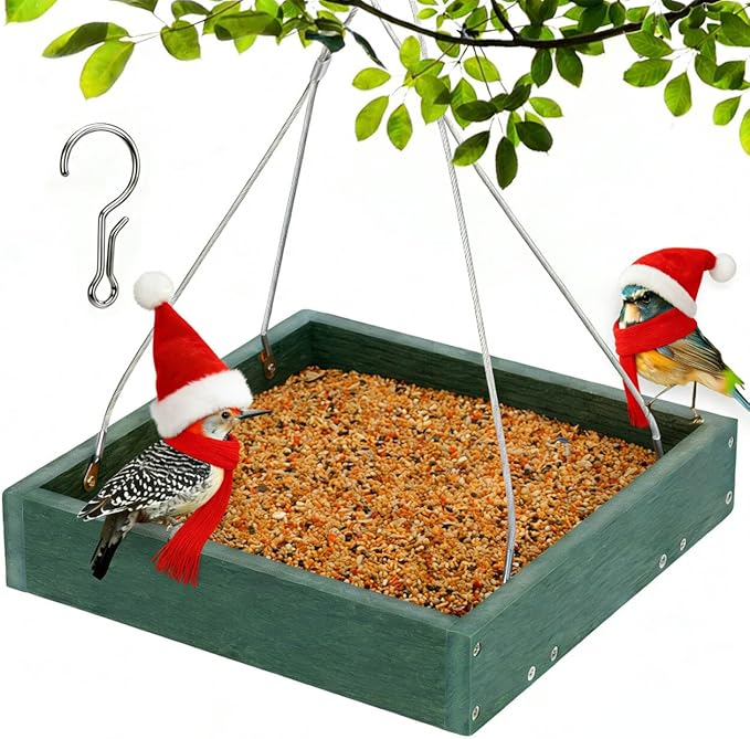 Gtongoko Platform Bird Feeder Hanging, Durable, Recycled Plastic Seed Tray Bird Feeder for Outdoors with Metal Mesh Bottom Large 3.5 lbs Capacity Weather-Resistant for Garden Yard, Green