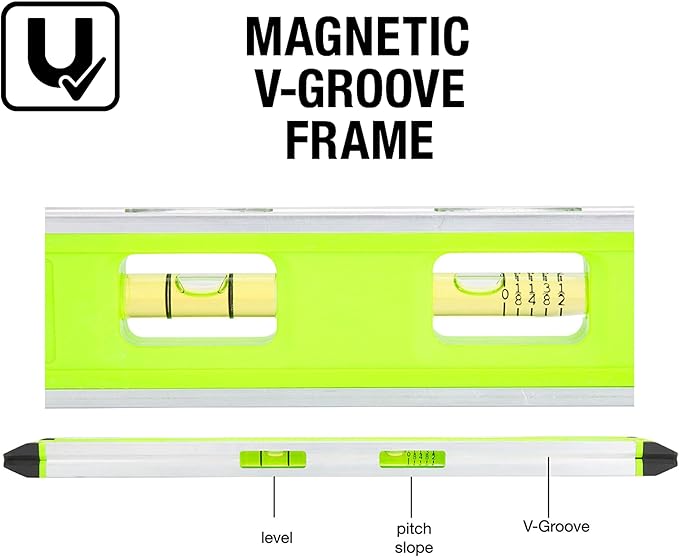 Mayes 10794 Torpedo Level 12", Made in USA Magnetic Level, Use for Slope, Drainage, and Conduit Work, V-Groove Aluminum Frame with Pitch Vial and Top View Windows