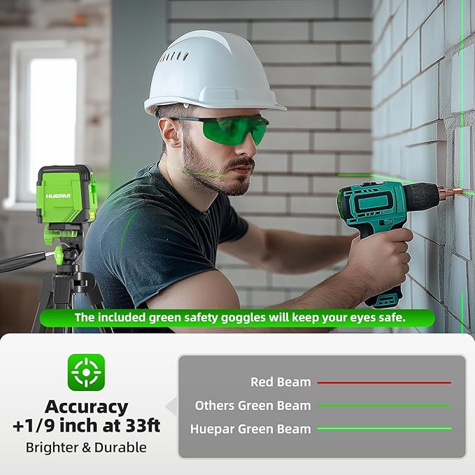 Laser Level with 60in Tripod, HUEPAR 98Ft Self Leveling Laser Level Green Line Laser Cross Line Laser Leveler Tool for Picture Hanging, Tile, Home Renovation, Indoor Project, Battery&Goggles Included