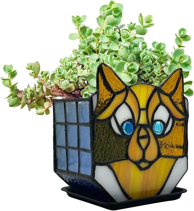 Stained Glass Yellow Cat Planter, Indoor Plant Tabletop Plant Display, Yellow Cat Small Plant Pot, Terrarium Decor, Decor Gift 4.6x3x5.15 in