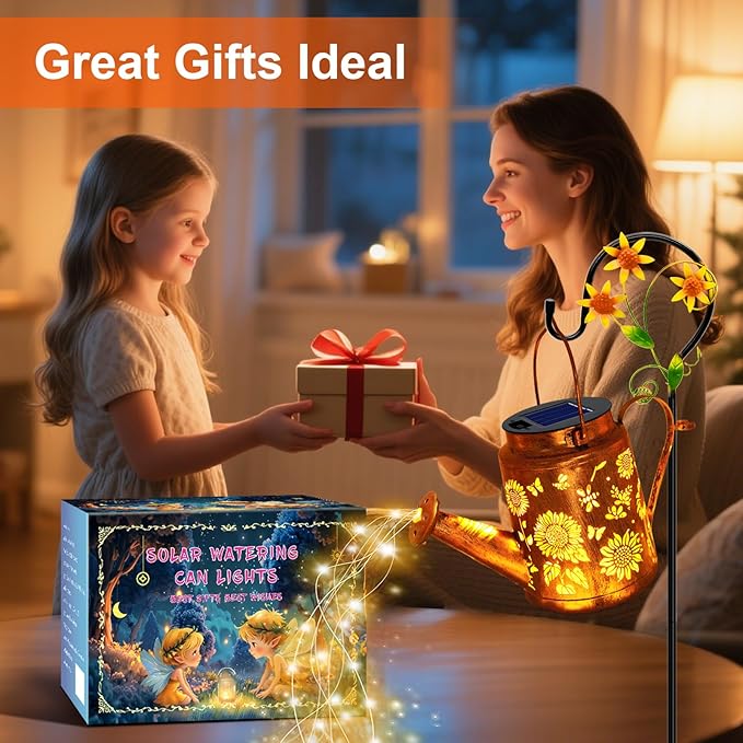 VOOKRY Solar Lights Outdoor Waterproof, Sunflower Metal Solar Watering Can Lights, Birthday Gifts for Women Mom Grandma Christmas, Hanging Garden Decor Yard Light for Outside Patio Lawn Porch