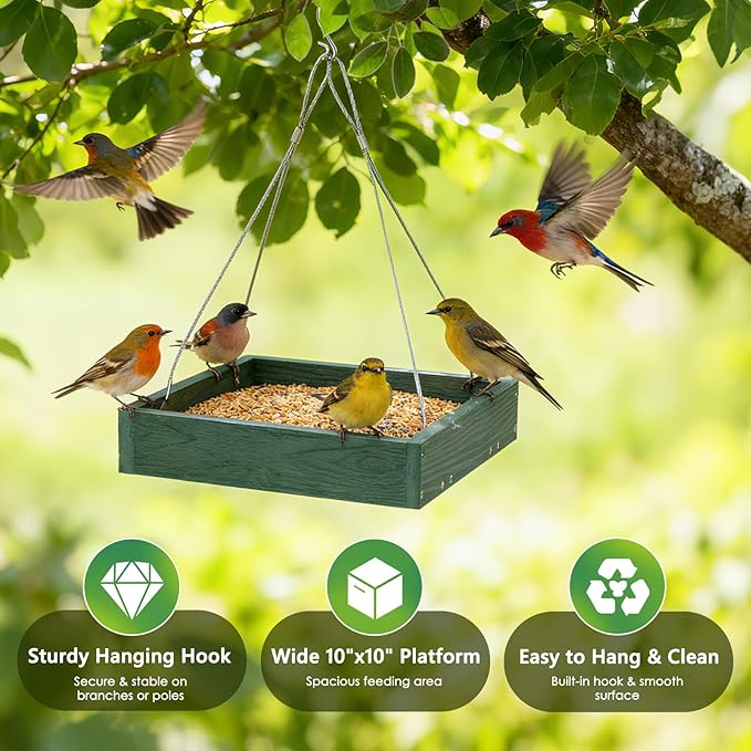 Gtongoko Platform Bird Feeder Hanging, Durable, Recycled Plastic Seed Tray Bird Feeder for Outdoors with Metal Mesh Bottom Large 3.5 lbs Capacity Weather-Resistant for Garden Yard, Green