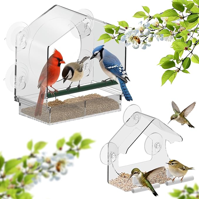 Window Bird Feeder with Strong Suction Cups - 2Pack Clear Sturdy Acrylic Birdfeeder for Outside Windows, 360° Clear View - No Drill Easy Install, Perfect for Cardinals & Finches,etc(2025 New)