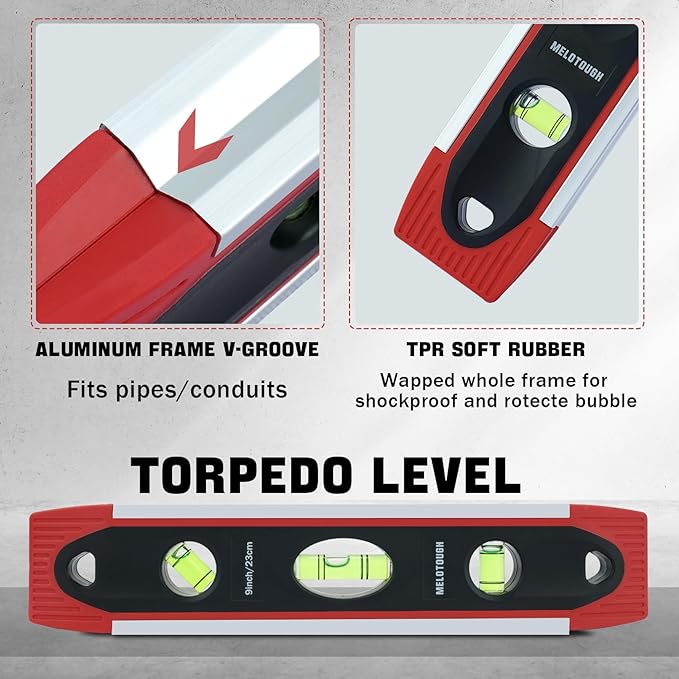 MELOTOUGH 9 Inch Torpedo Level Magnetic,Small Leveler Tool,Spirit Level with 45/90/180 Bubbles,V-Groove,Shock Resistant Leveler,Red(2PCS)