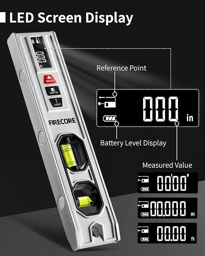 3-In-1 Spirit Level with 65ft Laser Distance Measure & 32ft Leveling Line, Firecore 9 Inch Torpedo Level Magnetic with Light, Rechargeable Small Digital Leveler Tool for Picture Hanging Construction