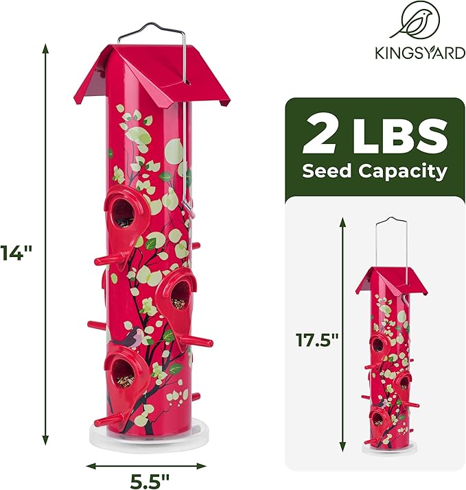 Kingsyard Metal Bird Feeders for Outdoors Hanging, 6-Ports Tube Bird Feeder, 14 inch, Durable & Weatherproof, Large Capacity for Attracting Wild Birds (Red)
