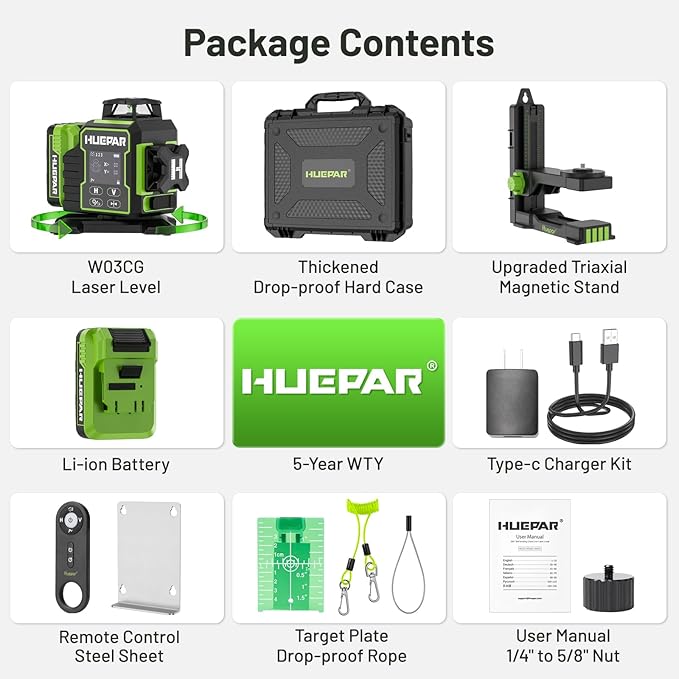 Huepar 2024 New Construction Laser Level 3x360 Self Leveling, 3D 12 Lines Bluetoothed Laser Level with Electric Rotating Base ＆ Large LCD Screen, 3 Planes Green Cross Lazer Leveler Tool W03CG