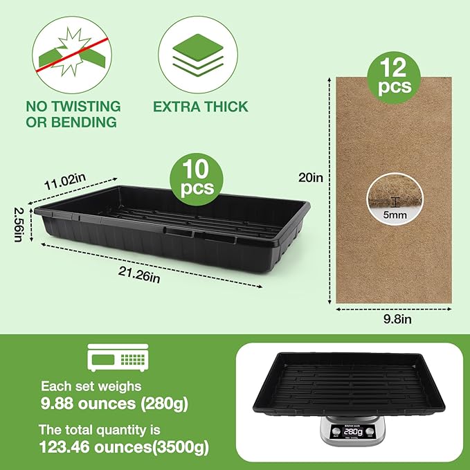 10 Pack 1020 Seed Starting Trays with 12 Hemp Grow Mats - Extra Thick Microgreens Growing Kit, 21 x 11 x 2.5 Inch Plant Trays with Hydroponic Grow Pads for Wheatgrass, Sprouts, Organic Gardening