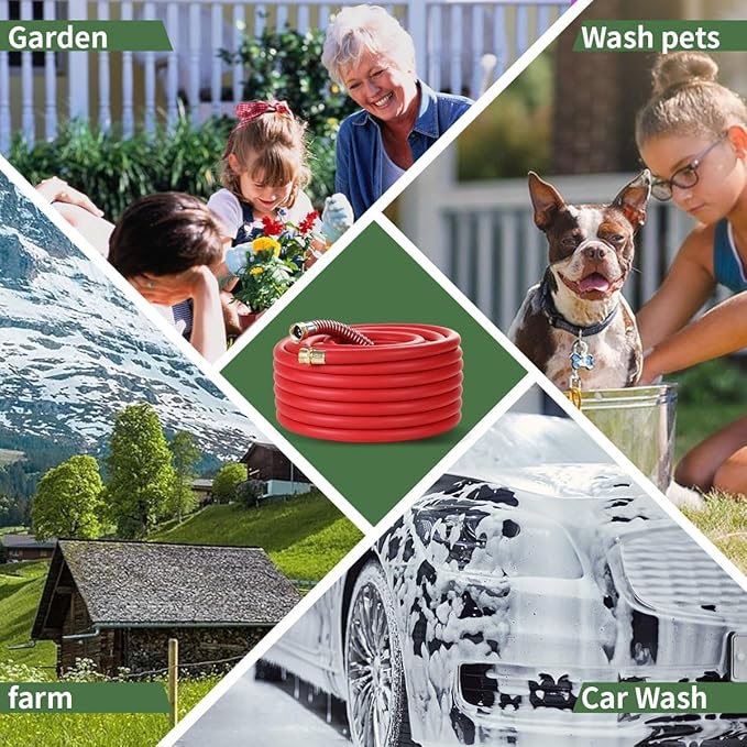 50FT 3/4 Heavy Duty Rubber Garden Hose - 200psi Working, 1000psi Burst - Hot/Cold Water - Five-Layered Braiding for Durability - Versatile for Gardening, Agriculture, Construction(Red)