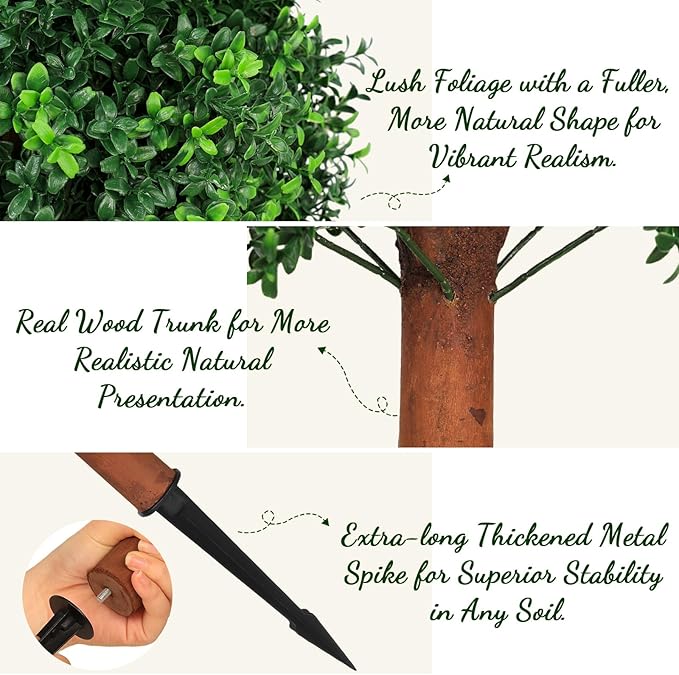 26 inch Height Artificial Boxwood Ball Bush with Ground Spikes, Set of 4 UV Resistant Faux Boxwood Ball Trees for Outdoors, Fake Evergreen Shrubs Bushes Plants for Garden Patio Front Door Balcony