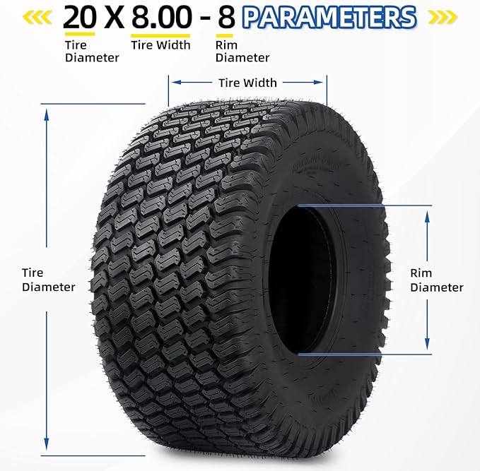 (2 Pack) 20x8.00-8 Lawnmower Tubeless Tire, 20x8-8 for Tractor Riding Lawn Mowers, 4 Ply, Deep Turf-S Pattern