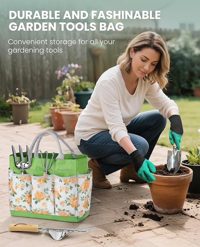 Gardening Tool Set for Women - 10 Piece Heavy Duty Stainless Steel Garden Tools Kit with Ergonomic Non-Slip Handle and Stylish Storage Tote Bag, Ideal Gardening Gifts for Mom, Grandma, Gardeners