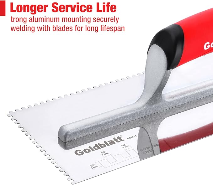 Goldblatt 2-Piece Notch Trowel Set, 1/8"X1/8" Square & 1/4"X1/4" Square, Made of Premium Stainless Steel with Soft Grip Handle, Perfect for Masonry Tile Work