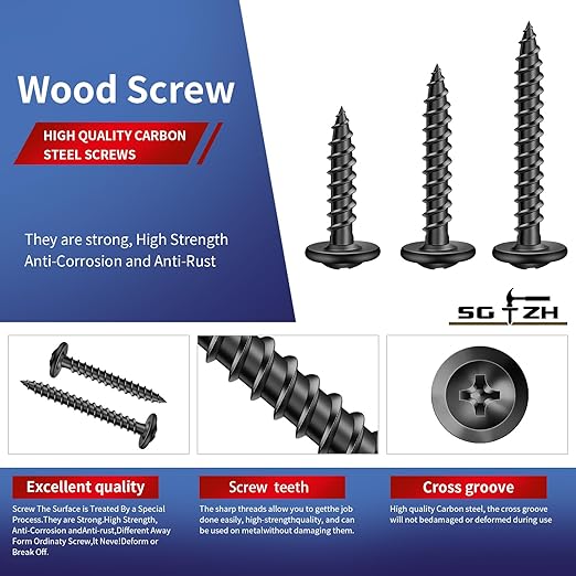 #8 x 2 Inch Wood Screw 500Pcs Alloy Steel Standard Thread Truss Head Fast Self Tapping Black Oxide by SG TZH