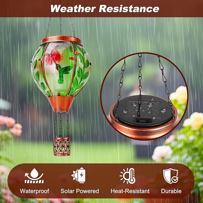 Hummingbird Solar Hot Air Balloon Lantern,Outdoor Decor with Flame Lights Waterproof, Hanging Lights for Garden Yard Lawn Patio, Unique Gifts for Women Mom Grandma Gardener for Mother'Day