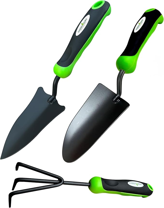 Garden Guru Garden Tool Set 3pc Hand Trowel Transplanter Cultivator – Heavy Duty Rust Resistant Carbon Steel - Ergonomic Comfort Grip Handle – Perfect Gardening Tool Kit Gifts for Women & Men