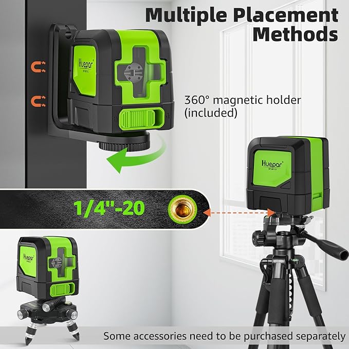 Huepar Laser Level, 100Ft Self Leveling Green Cross Line Laser for Picture Hanging, Tile, Decoration & DIY Construction – 360° Magnetic Base & AA Battery, Indoor Use