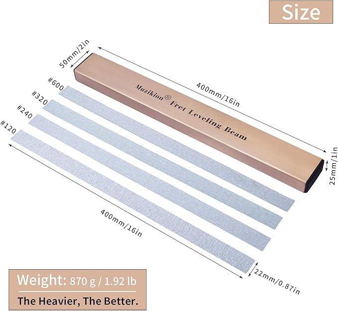 Stainless Steel Fret Leveling Beam, 16" (400mm) Sanding Beam Fret Leveler, Pro Guitar Luthier Repair Tool Fretboard Leveling File Includes 3 Sets of 120/240/320/600 Grit Sandpaper