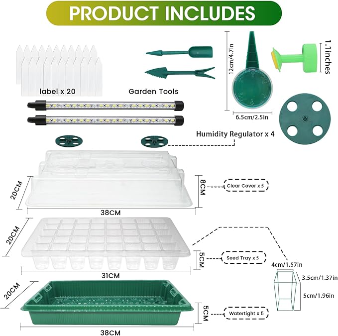 MQUPIN Seed Starter Tray with Grow Light 4 LED, 2 Pack/80 Cells Adjustable Brightness Seed Starter Kit,Seedling Starter Kit with Dome and Base for Greenhouse Seeds Growing Starting(Green)