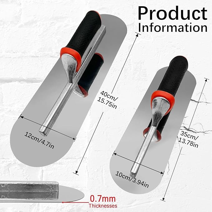 2 Pieces Pool Trowel, 0.7mm Thickness Stainless Steel Flat Finishing Trowel Set with Rubber Handle, Concrete Hand Tools for Drywall Repairs and Spreading