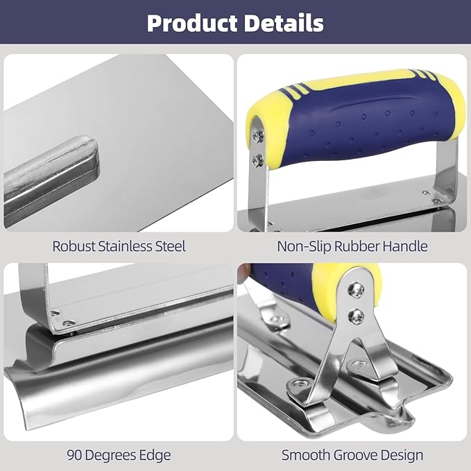 3 PCS Stainless Steel Concrete Trowels, Includes Flat Trowel, Concrete Edger, Concrete Groover, Ergonomic Non-Slip Handle, Suitable for Cement, Mortar, Plaster, Masonry Finishing Work