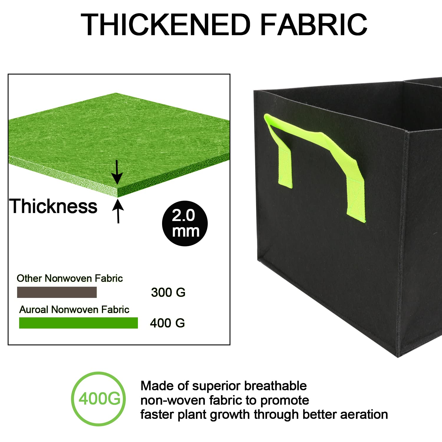 Auroal Plant Grow Bags, 2 Pack Fabric Raised Planting Bads, 3 Holes Rectangle Grow Bag, 15 Gallon Breathable Potato Tomato Planter Pots for Outdoor Vegetables Plant Flowers(Green)