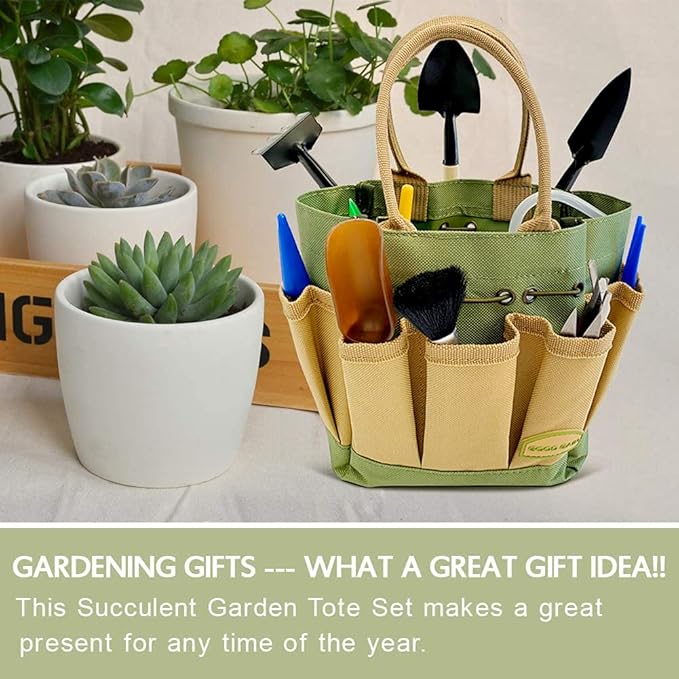 G GOOD GAIN Garden Succulent Kit with Organizer Bag, 15 Pieces Succulent Tools, Indoor Mini Hand Gardening Tools Set with Carrier for Bonsai Planter Miniature Fairy Planting Care(Green)