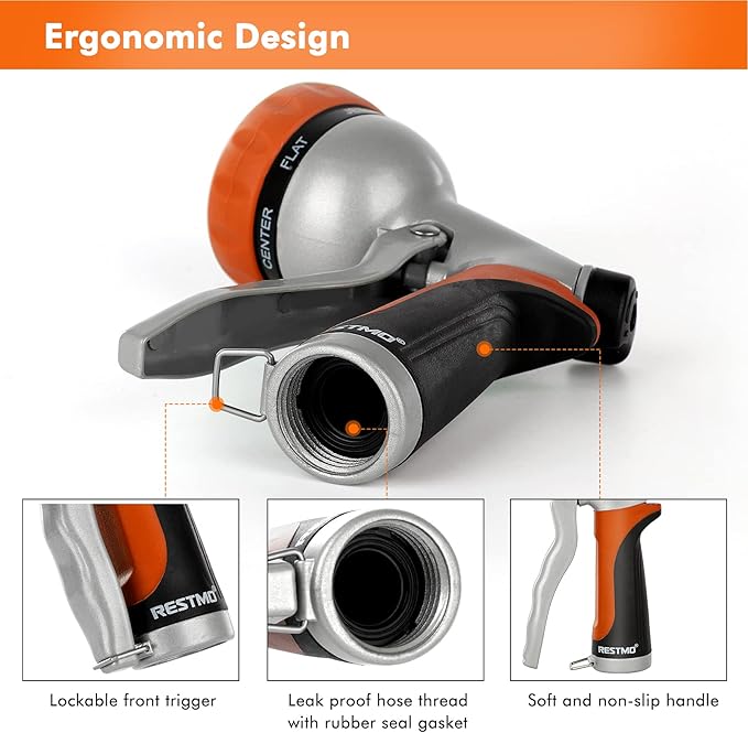 RESTMO Garden Hose Nozzle, Heavy Duty Metal Water Hose Nozzle with 7 Adjustable Spray Patterns, High Pressure Hand Sprayer with Flow Control, Best for Watering Plant & Lawn, Washing Car & Pet, Orange