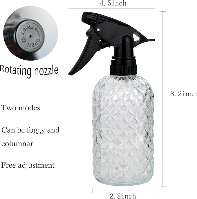 Glass Handheld Spray Bottle - 12oz Refillable Bottle ，Adjustable Nozzle Watering Can for Garden Plants Cleaning Solutions (Clear)