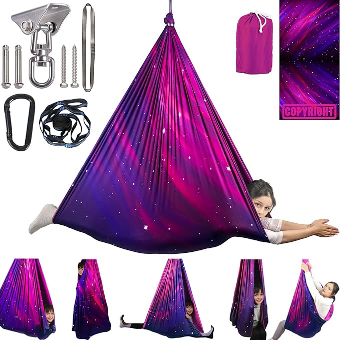 Sensory Swing for Kids Indoor & Outdoor Double Layer Therapy Cuddle Swing with 360° Swivel Hanger Kit Adjustable Swings for Child and Adult with Aspergers Autism (Galaxy Purple)