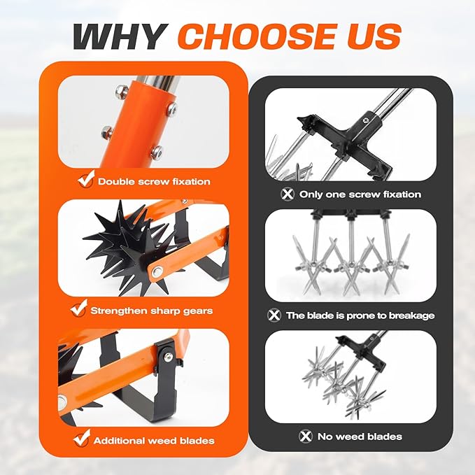 72 Inch Rotary Cultivator Tool, Hand Tiller for Gardening, 2-in-1 Garden Cultivator with Adjustable Handle for Loosening Soil and Weeder